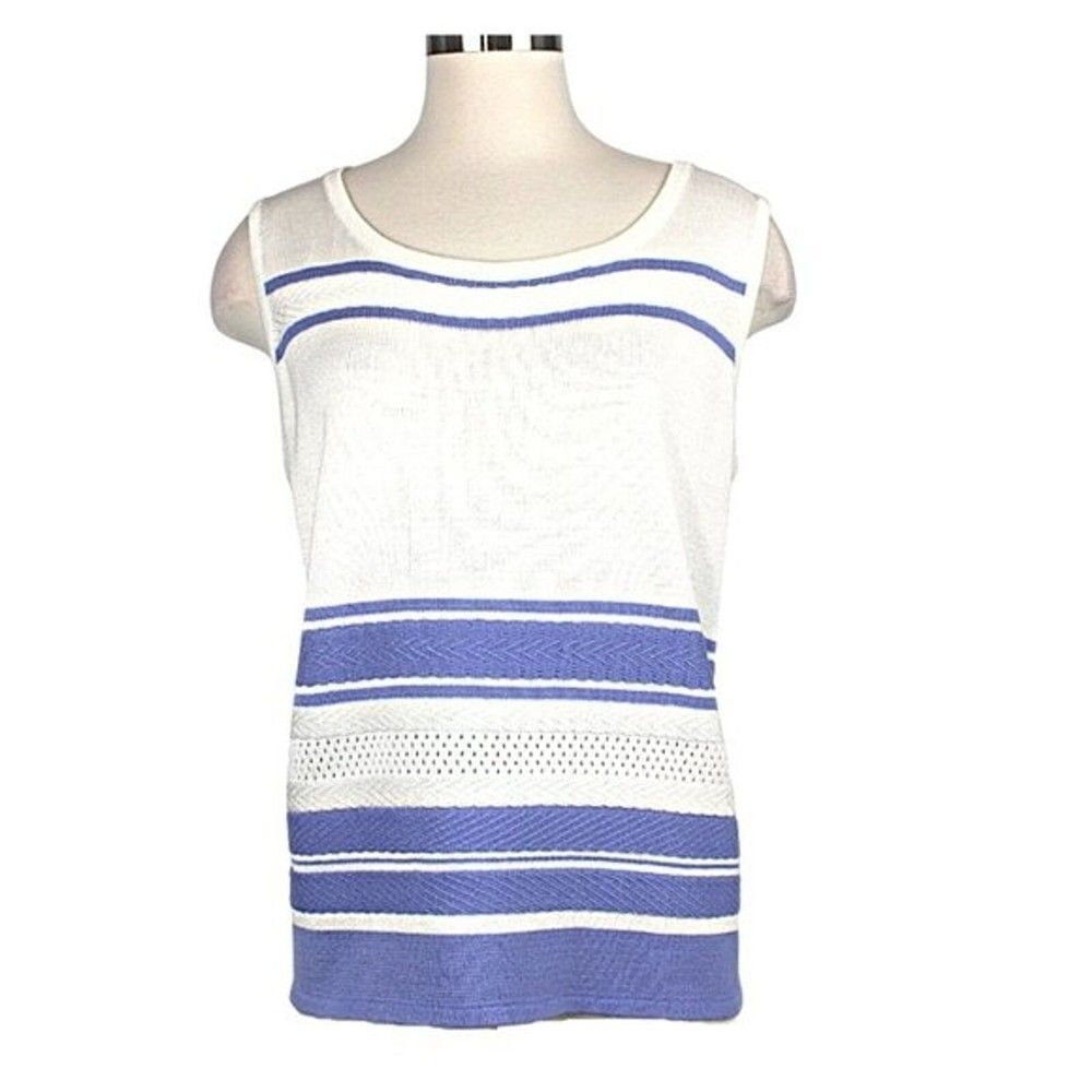 Sweater Vest Top Tank Vintage 90s Striped Off White & Blue Women’s Size 16